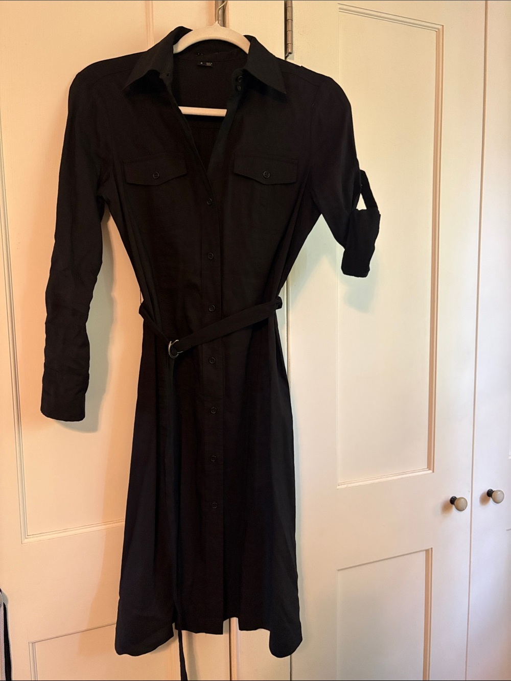 Theory Black Button-Front Midi Shirt Dress with Belt
